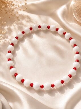 Handmade Natural Stone White & Red Agate Beaded Necklace Minimalist Modern